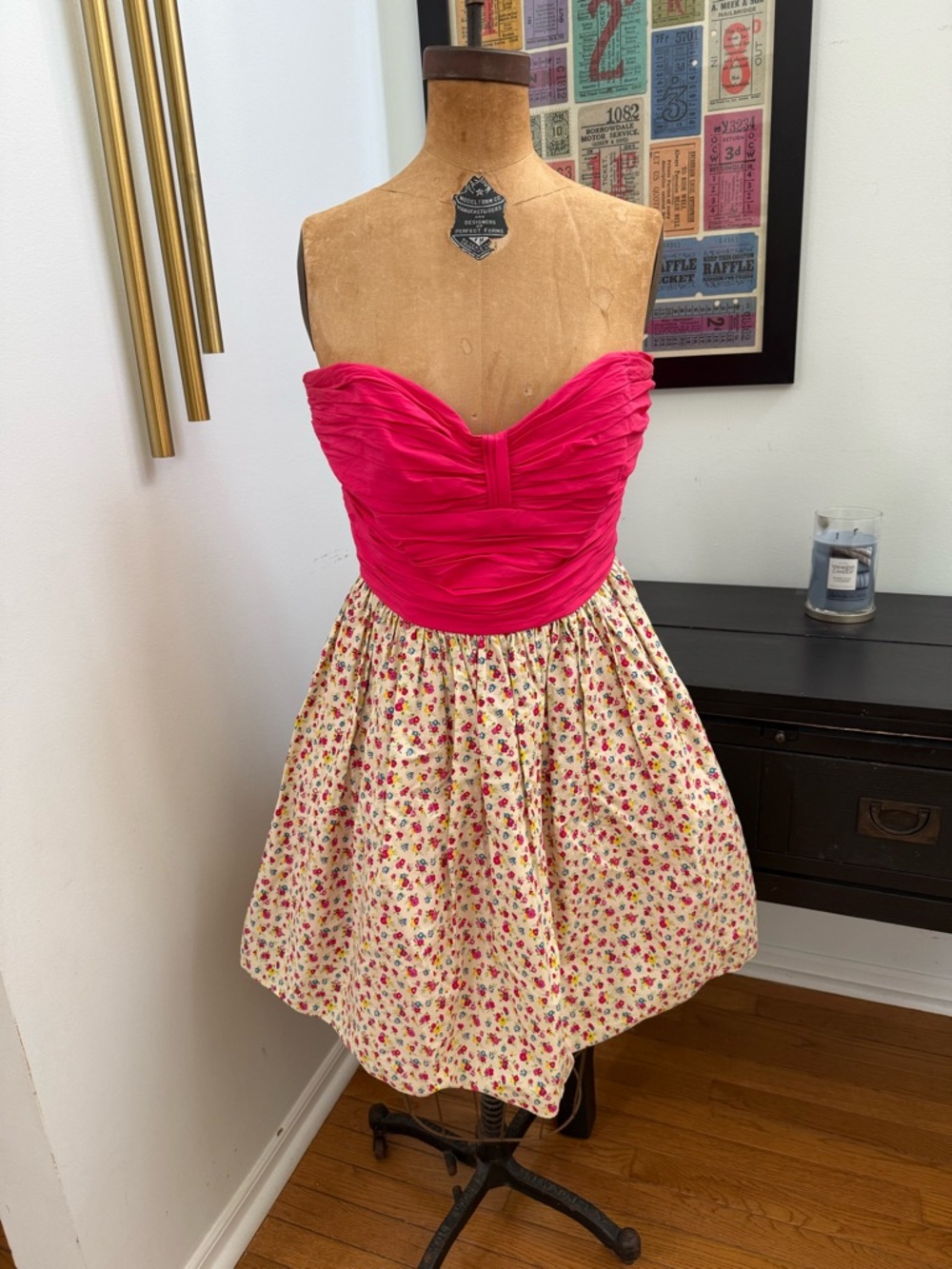 Betsey Johnson Hot Pink and Cream Floral Strapless Dress